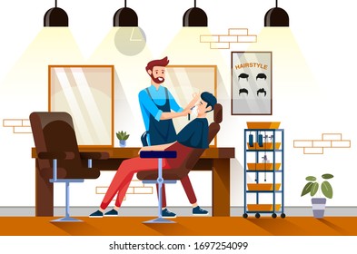 a bearded hair barber cuts a man client's mustache and beard at a men's barber shop. Barber shop interior design with chairs, mirrors, tables. Vector illustration of a modern flat landing page