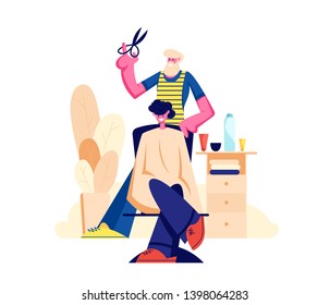 Bearded Hairdresser Barber Doing to Young Male Client Haircut in Men Beauty Salon Barbershop. Barber Shop Interior Design with Chair, Desk, Accessories and Furniture. Cartoon Flat Vector Illustration