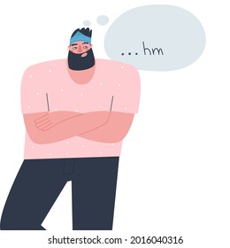 A bearded handsome man in a pink T-shirt stands brooding. Flat vector illustration. 