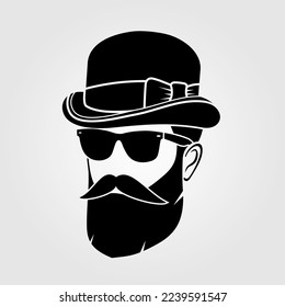 Hombres apuestos con barba en un sombrero de bolos. Icono de la cara de Hipster aislado. Ilustración del vector