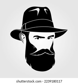 Bearded handsome men in a fedora hat. Hipster face icon isolated. Vector illustration