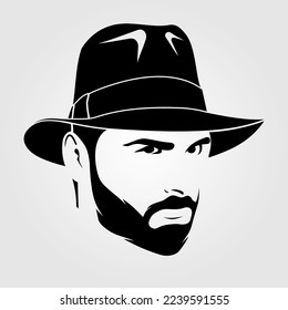 Hombres apuestos y con barba en un sombrero fedora. Icono de la cara de Hipster aislado. Ilustración del vector