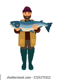 A bearded happy fisherman holds a big trout in his hands. Fisher or fish farmer showing huge catch. Color vector cartoon illustration on a white background.