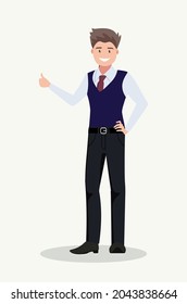 Bearded happy man shows thumb up. Gesture cool. Vector illustration in cartoon style