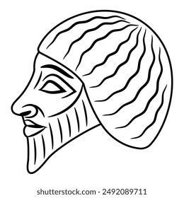 Bearded head of a man in profile. Portrait of ancient Sumerian man from Lagash. Ethnic Mesopotamian design. Black and white linear silhouette.