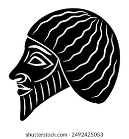 Bearded head of a man in profile. Portrait of ancient Sumerian man from Lagash. Ethnic Mesopotamian design. Black and white silhouette.