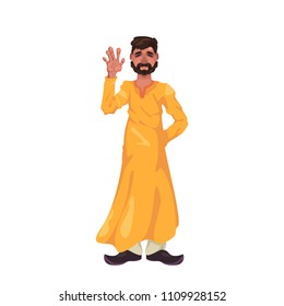 Bearded Hindu yellow Lungi waving his hand