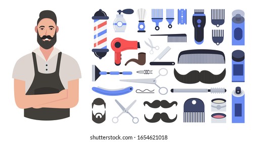 Bearded hipster barber. Composition of the set of icons for the Barber shop. Vector illustration.