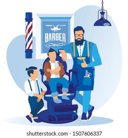 Bearded Hipster Barber with Little Clients Stylish Baby Boys Posing after Cool Haircut Stand in Barbershop, Grooming Place for Kids and Adults, Beauty Club for Men. Cartoon Flat Vector Illustration