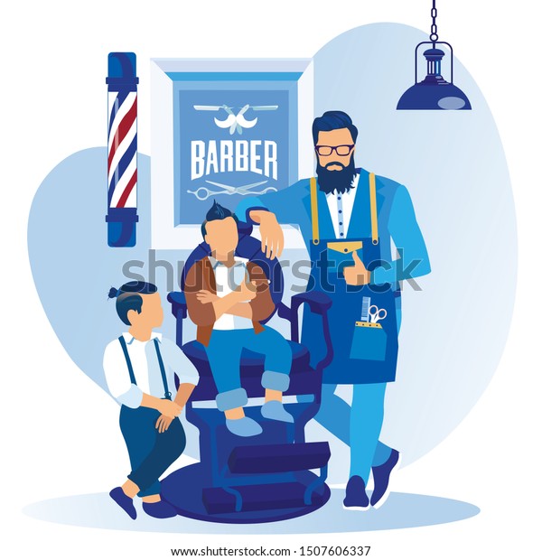 Bearded Hipster Barber Little Clients Stylish Stock Vector