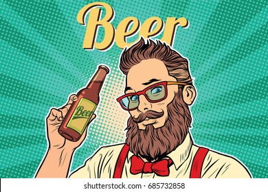 bearded hipster beer. Pop art retro vector illustration