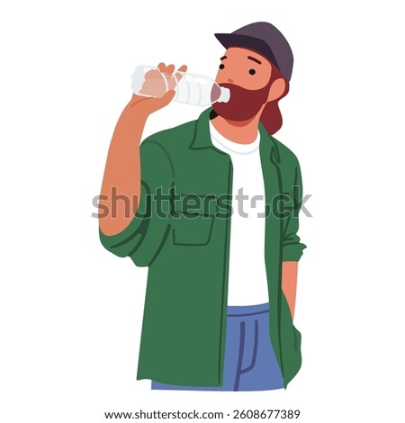 Bearded hipster guy cartoon character drinking mineral water from plastic bottle refreshing on walk outdoors isolated on white. People healthy lifestyle and dehydration prevention vector illustration