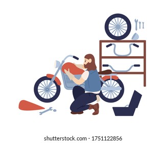 Bearded hipster guy motorcycle customization at service vector flat illustration. Mechanic man assemble in parts motorbike at garage isolated on white. Male biker enjoying hobby work with transport