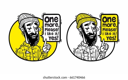 Bearded hipster in a hat points finger up and says one more please yellow set
