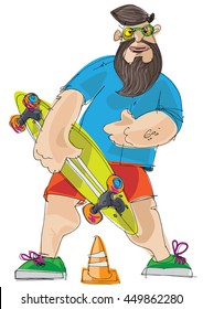 bearded hipster with long board skateboard in his hand. 