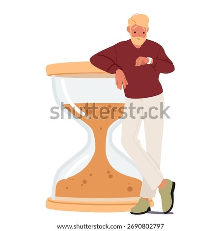 Bearded hipster man cartoon character checking time on wristwatch and waiting for friend or partner being late standing nearby giant hourglass isolated on white background vector illustration
