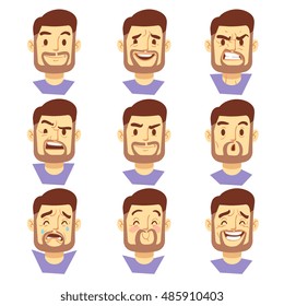 Bearded hipster man character emotions, bearded male heads set. Hipster with beard sad or happy, vector illustration