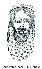 Bearded hipster man. Coloring book page for adult. Hand drawn hipster man with long beard and flowers. . Spring flowers. Line art.