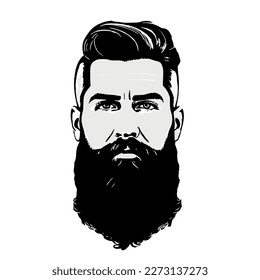 Bearded hipster man face portrait sketch drawing. Hairstyle head guy. Barbershop emblem, logo concept. Profile avatar character. Bearded male silhouette. Black vector illustration isolated on white.