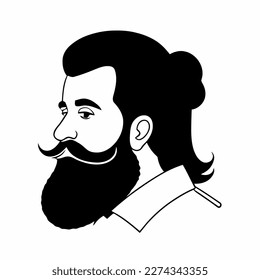 Bearded hipster man face portrait sketch drawing. Hairstyle head guy. Barbershop emblem, logo concept. Profile avatar character. Bearded male silhouette. Black vector illustration isolated on white.
