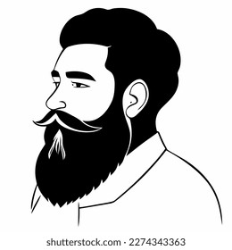 Bearded hipster man face portrait sketch drawing. Hairstyle head guy. Barbershop emblem, logo concept. Profile avatar character. Bearded male silhouette. Black vector illustration isolated on white.