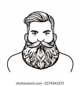 Hombre hipster con barba cara retrato dibujo de dibujo. Cabeza de pelo. Emblema de Barbershop, concepto de logo. Carácter avatar de perfil. Silhouette macho con barba. Ilustración vectorial negra aislada en blanco.