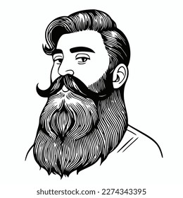 Bearded hipster man face portrait sketch drawing. Hairstyle head guy. Barbershop emblem, logo concept. Profile avatar character. Bearded male silhouette. Black vector illustration isolated on white.