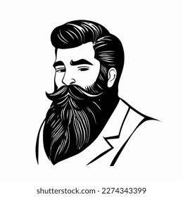 Bearded hipster man face portrait sketch drawing. Hairstyle head guy. Barbershop emblem, logo concept. Profile avatar character. Bearded male silhouette. Black vector illustration isolated on white.