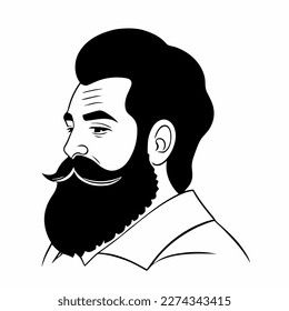 Bearded hipster man face portrait sketch drawing. Hairstyle head guy. Barbershop emblem, logo concept. Profile avatar character. Bearded male silhouette. Black vector illustration isolated on white.