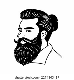 Bearded hipster man face portrait sketch drawing. Hairstyle head guy. Barbershop emblem, logo concept. Profile avatar character. Bearded male silhouette. Black vector illustration isolated on white.