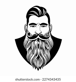 Bearded hipster man face portrait sketch drawing. Hairstyle head guy. Barbershop emblem, logo concept. Profile avatar character. Bearded male silhouette. Black vector illustration isolated on white.
