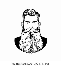 Hombre hipster con barba cara retrato dibujo de dibujo. Cabeza de pelo. Emblema de Barbershop, concepto de logo. Carácter avatar de perfil. Silhouette macho con barba. Ilustración vectorial negra aislada en blanco.