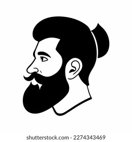 Hombre hipster con barba cara retrato dibujo de dibujo. Cabeza de pelo. Emblema de Barbershop, concepto de logo. Carácter avatar de perfil. Silhouette macho con barba. Ilustración vectorial negra aislada en blanco.