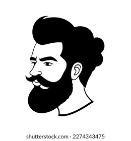 Bearded hipster man face portrait sketch drawing. Hairstyle head guy. Barbershop emblem, logo concept. Profile avatar character. Bearded male silhouette. Black vector illustration isolated on white.