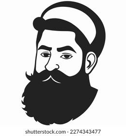 Hombre hipster con barba cara retrato dibujo de dibujo. Cabeza de pelo. Emblema de Barbershop, concepto de logo. Carácter avatar de perfil. Silhouette macho con barba. Ilustración vectorial negra aislada en blanco.