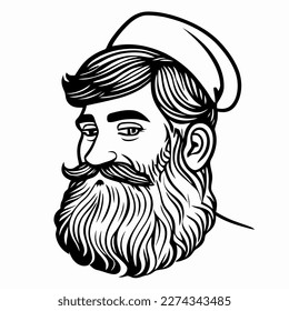 Hombre hipster con barba cara retrato dibujo de dibujo. Cabeza de pelo. Emblema de Barbershop, concepto de logo. Carácter avatar de perfil. Silhouette macho con barba. Ilustración vectorial negra aislada en blanco.