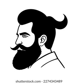 Bearded hipster man face portrait sketch drawing. Hairstyle head guy. Barbershop emblem, logo concept. Profile avatar character. Bearded male silhouette. Black vector illustration isolated on white.