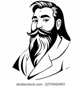 Hombre hipster con barba cara retrato dibujo de dibujo. Cabeza de pelo. Emblema de Barbershop, concepto de logo. Carácter avatar de perfil. Silhouette macho con barba. Ilustración vectorial negra aislada en blanco.