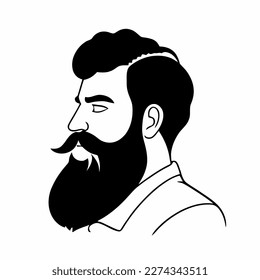Bearded hipster man face portrait sketch drawing. Hairstyle head guy. Barbershop emblem, logo concept. Profile avatar character. Bearded male silhouette. Black vector illustration isolated on white.
