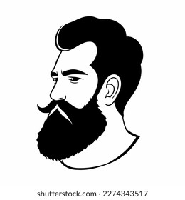 Hombre hipster con barba cara retrato dibujo de dibujo. Cabeza de pelo. Emblema de Barbershop, concepto de logo. Carácter avatar de perfil. Silhouette macho con barba. Ilustración vectorial negra aislada en blanco.
