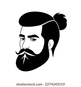 Bearded hipster man face portrait sketch drawing. Hairstyle head guy. Barbershop emblem, logo concept. Profile avatar character. Bearded male silhouette. Black vector illustration isolated on white.