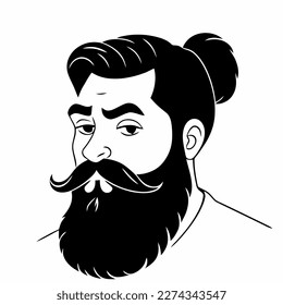 Hombre hipster con barba cara retrato dibujo de dibujo. Cabeza de pelo. Emblema de Barbershop, concepto de logo. Carácter avatar de perfil. Silhouette macho con barba. Ilustración vectorial negra aislada en blanco.