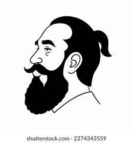 Bearded hipster man face portrait sketch drawing. Hairstyle head guy. Barbershop emblem, logo concept. Profile avatar character. Bearded male silhouette. Black vector illustration isolated on white.