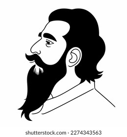 Bärtige Hipster Mann Gesicht Porträtskizze Zeichnung. Friseur-Kopf-Typ. Barbershop-Emblem, Logo-Konzept. Profilavatar-Zeichen. Bärtige männliche Silhouette. Schwarze Vektorgrafik einzeln auf Weiß.