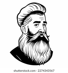 Bärtige Hipster Mann Gesicht Porträtskizze Zeichnung. Friseur-Kopf-Typ. Barbershop-Emblem, Logo-Konzept. Profilavatar-Zeichen. Bärtige männliche Silhouette. Schwarze Vektorgrafik einzeln auf Weiß.