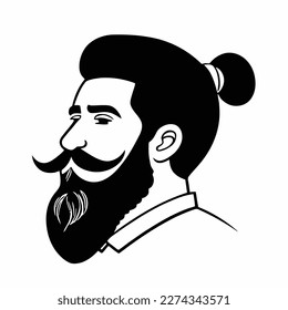 Bärtige Hipster Mann Gesicht Porträtskizze Zeichnung. Friseur-Kopf-Typ. Barbershop-Emblem, Logo-Konzept. Profilavatar-Zeichen. Bärtige männliche Silhouette. Schwarze Vektorgrafik einzeln auf Weiß.