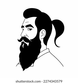 Bärtige Hipster Mann Gesicht Porträtskizze Zeichnung. Friseur-Kopf-Typ. Barbershop-Emblem, Logo-Konzept. Profilavatar-Zeichen. Bärtige männliche Silhouette. Schwarze Vektorgrafik einzeln auf Weiß.