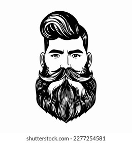 Bearded hipster man face portrait sketch drawing. Hairstyle head guy. Barbershop emblem, logo concept. Profile avatar character. Bearded male silhouette. Black vector illustration isolated on white.