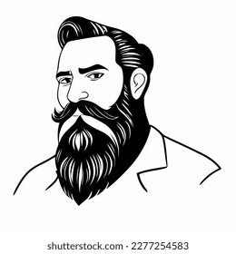 Bearded hipster man face portrait sketch drawing. Hairstyle head guy. Barbershop emblem, logo concept. Profile avatar character. Bearded male silhouette. Black vector illustration isolated on white.