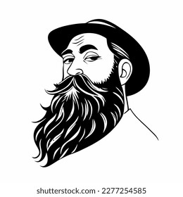 Bearded hipster man face portrait sketch drawing. Hairstyle head guy. Barbershop emblem, logo concept. Profile avatar character. Bearded male silhouette. Black vector illustration isolated on white.